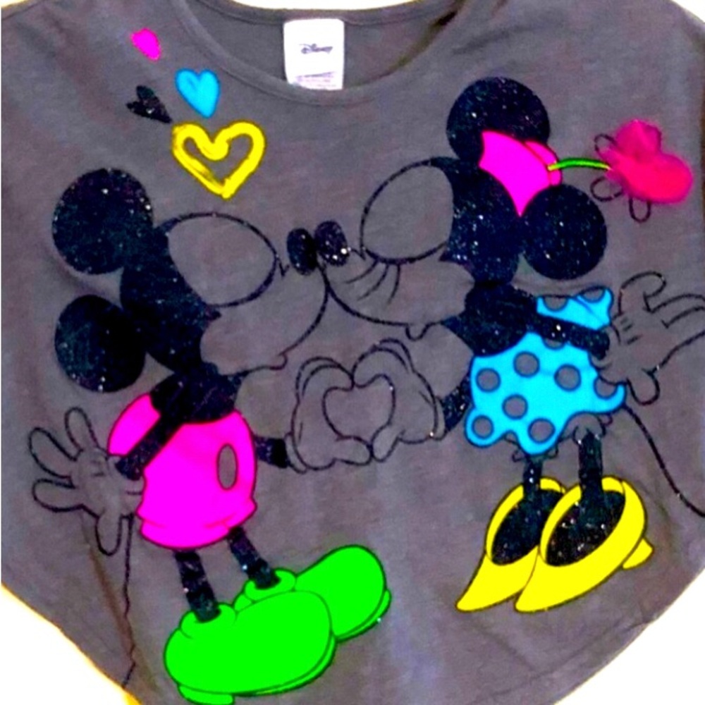 Disney Girls Size 4 Mickey & Minnie Glittery Neon Pullover Top Batwing S… - Picture 1 of 10